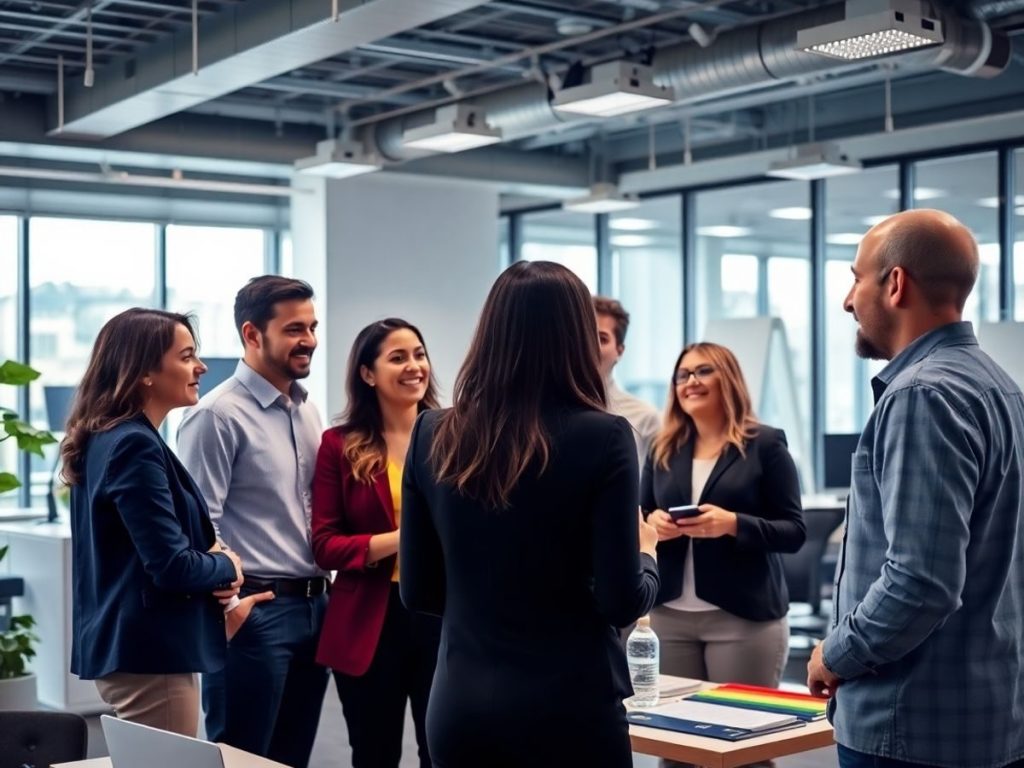 Grup divers de profesioniști discutând în birou modern.