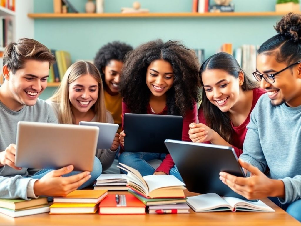 Studenți învățând online în mediu confortabil.