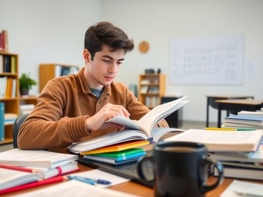 Student concentrat cu cărți și laptop, mediu de studiu.