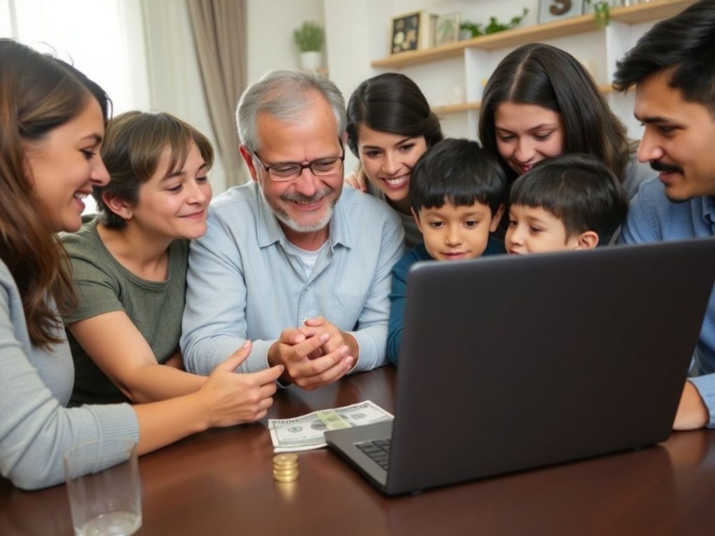 Familie studiind finanțe personale la domiciliu, cu bani pe masă.