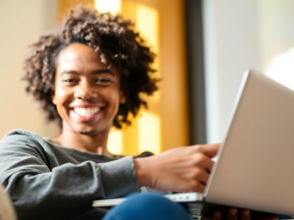 Persoană zâmbitoare care învață online, cu laptop
