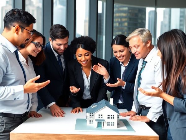 Oameni de afaceri discută despre investiții imobiliare.