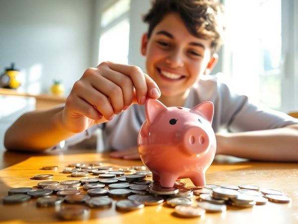 Mână adăugând monede într-o pușculiță pe o masă de lemn