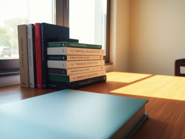 Cărți despre educație financiară dispuse pe un birou.