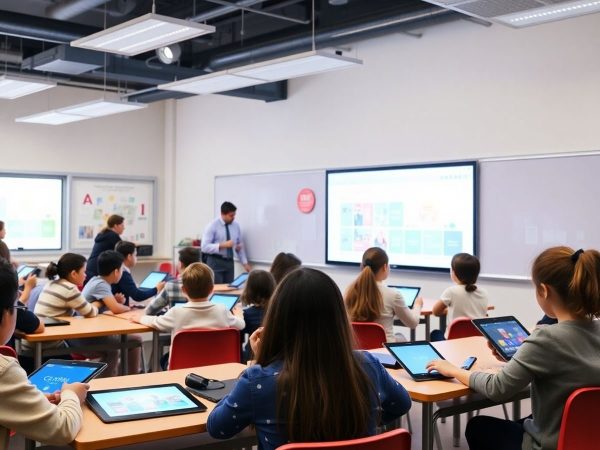 Elevi folosind tehnologie modernă în clasă.
