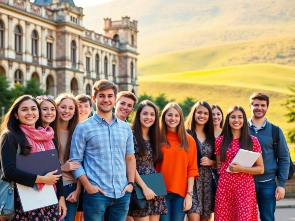 Tineri studenți cu diplome în fața unei universități străine.